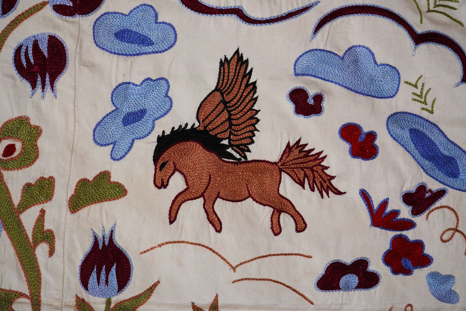 Uzbek Suzani Embroidered Wall Hanging – Peacock, Horse & Tree Of Life Design 3'6'' X 6' photo vinterior