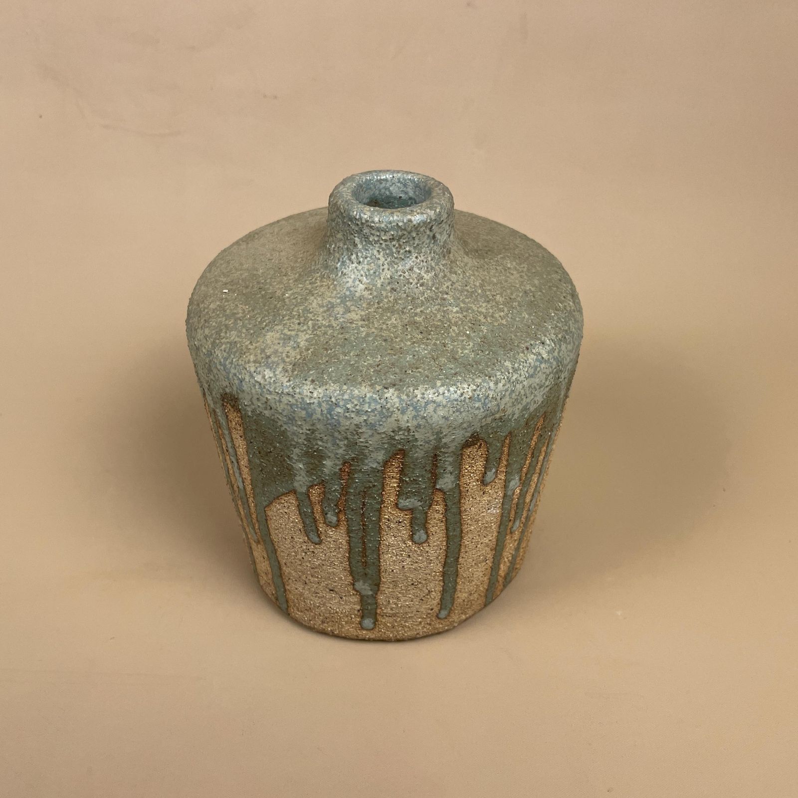 Vintage Studio Pottery Vase Mid Century Modern Green Drip Glaze Ceramic Art Home Decor Retro Collectible Handmade Pottery Table Display photo furniture