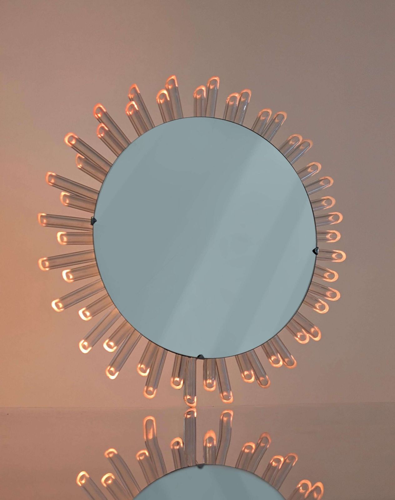 Mid Century Modern Sun Mirror Wall Mirror In Lucite With Pink Light, 1970s photo 734.0