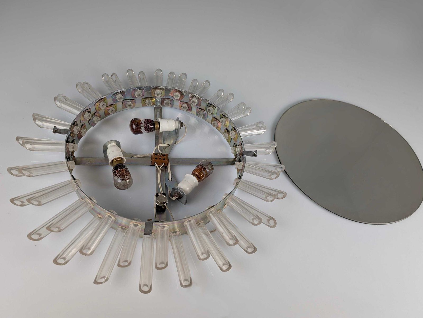 Home Decor Mid Century Modern Sun Mirror Wall Mirror In Lucite With Pink Light, 1970s photo