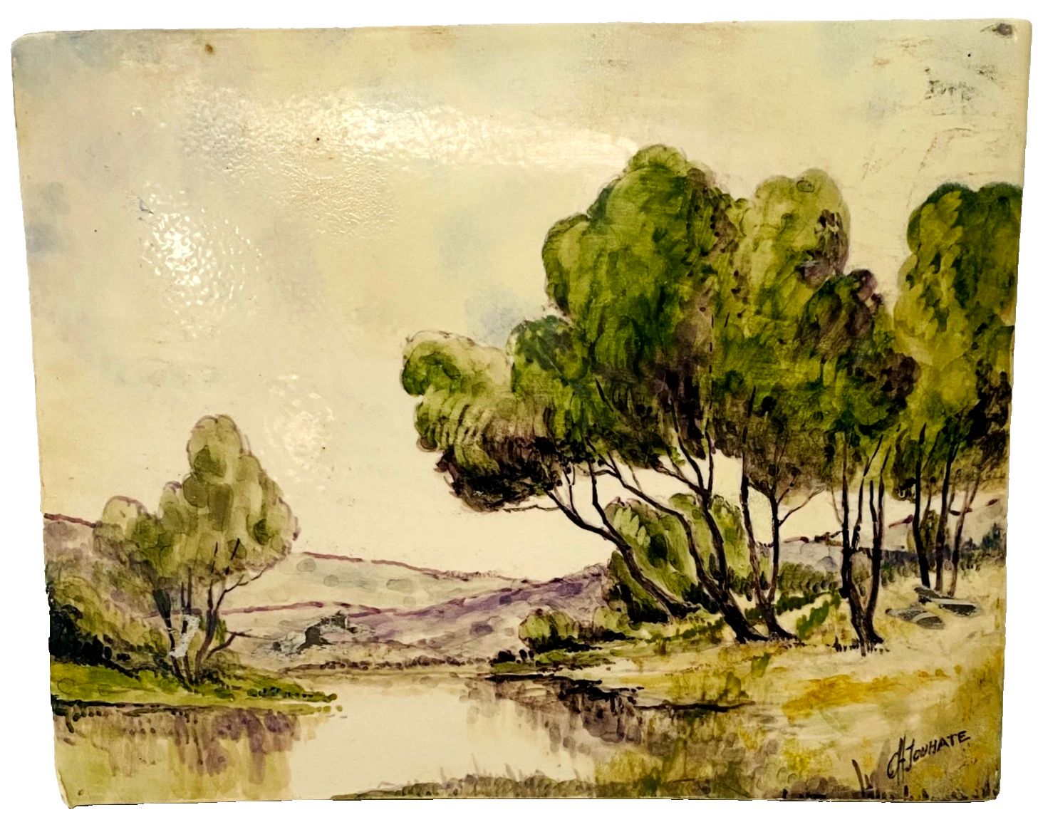 "Country Landscape" Oil On Porcelain Plate 20th Century photo 269.03