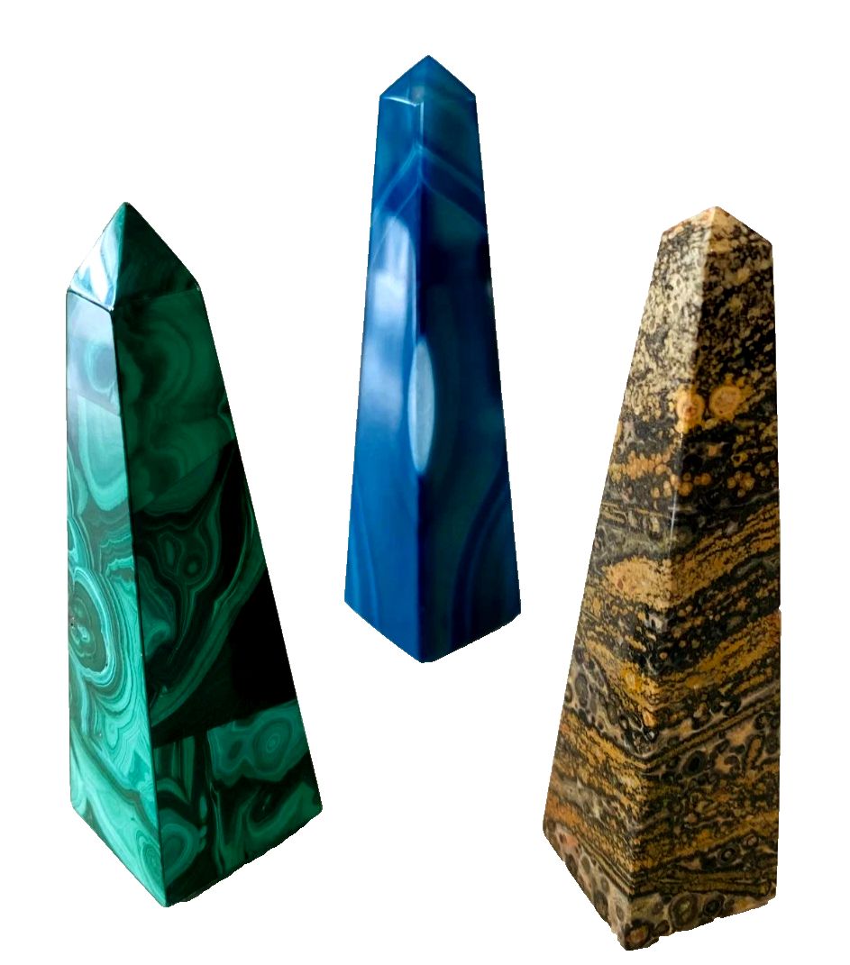 Suite Of Three Brazilian Stone Obelisks, Blue Agate And Malachite XX Century photo 331.5