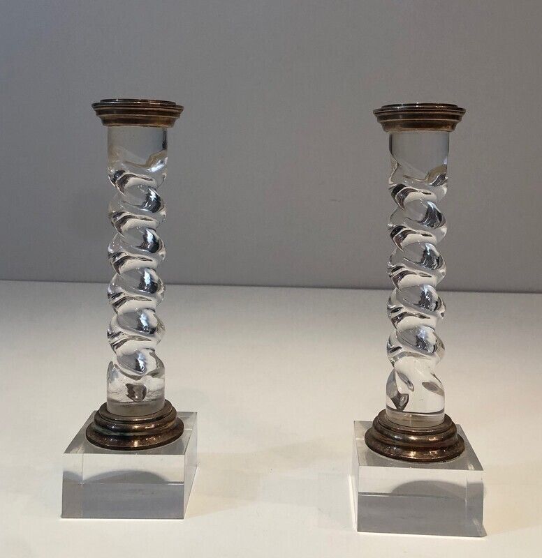 Silver Plated And Lucite Twisted Candlesticks photo furniture