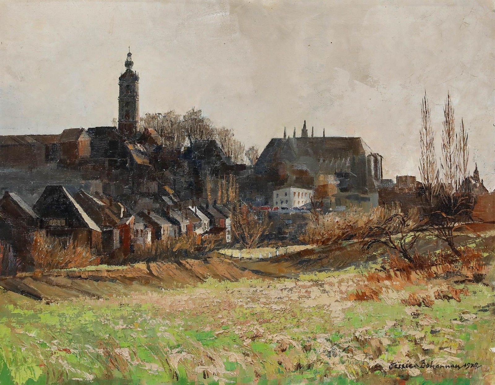 Jessica Bohannan 1978 Oil, View Of The City Of Mons photo furniture