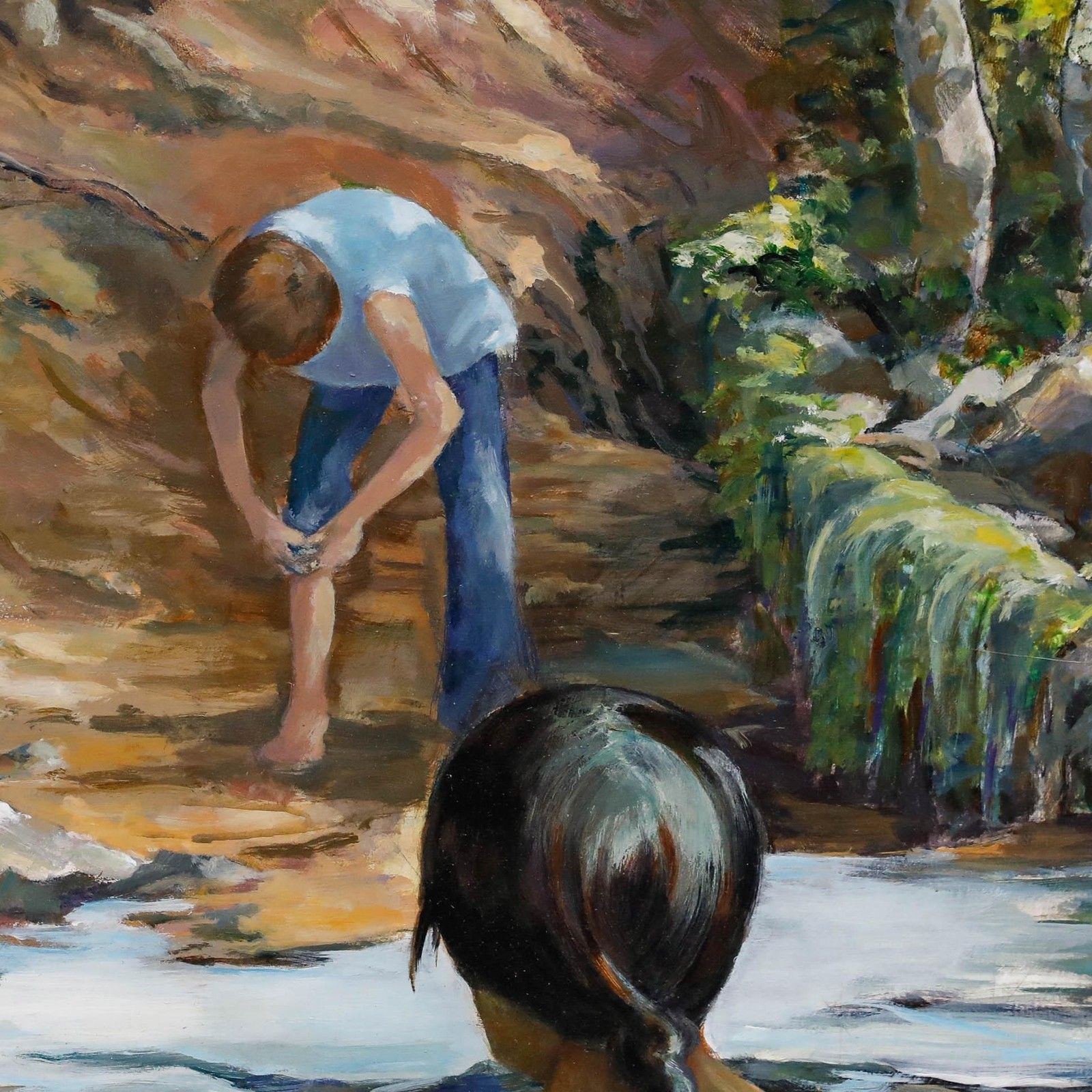 June Bevan (B.1927) 20th Century Acrylic, Children Paddling In Bramhall Park photo Art