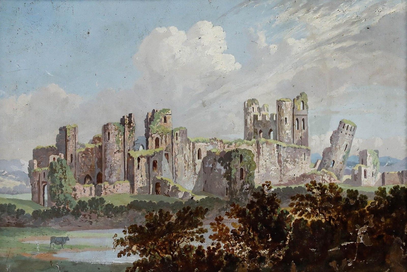 Framed Mid 19th Century Oil Caerphilly Castle photo furniture