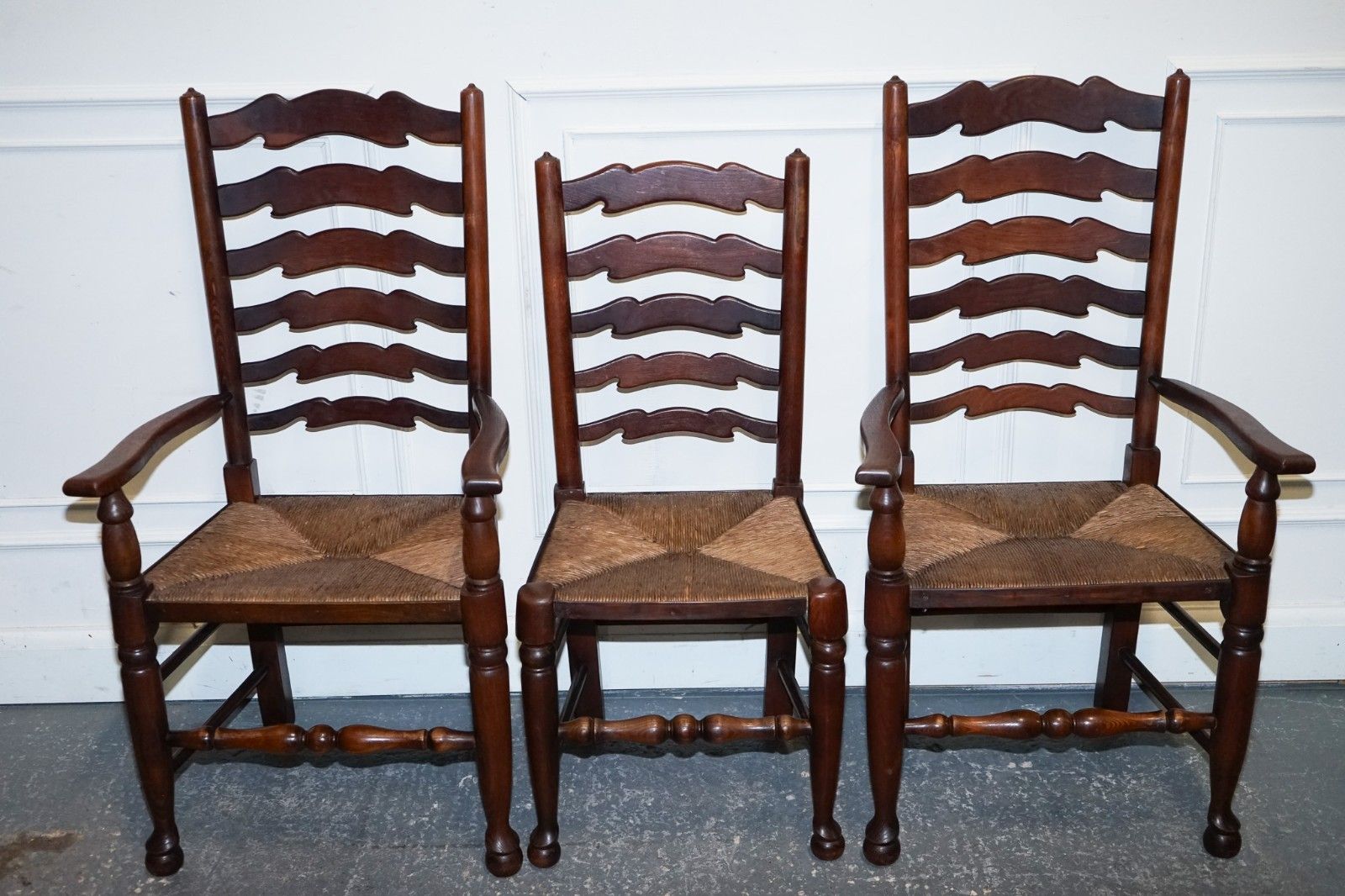 Set Of Six English Antique Circa 1910 Ladderback Rush Seat Dining Chairs photo buy