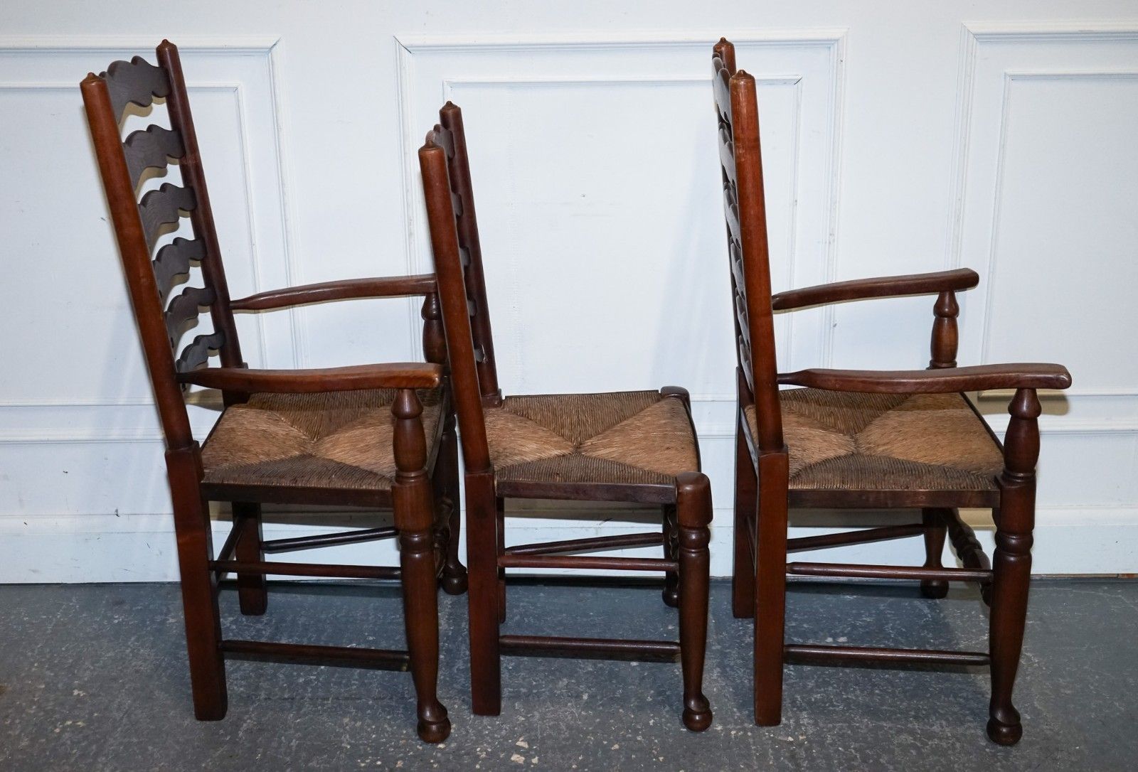 Set Of Six English Antique Circa 1910 Ladderback Rush Seat Dining Chairs photo vintage