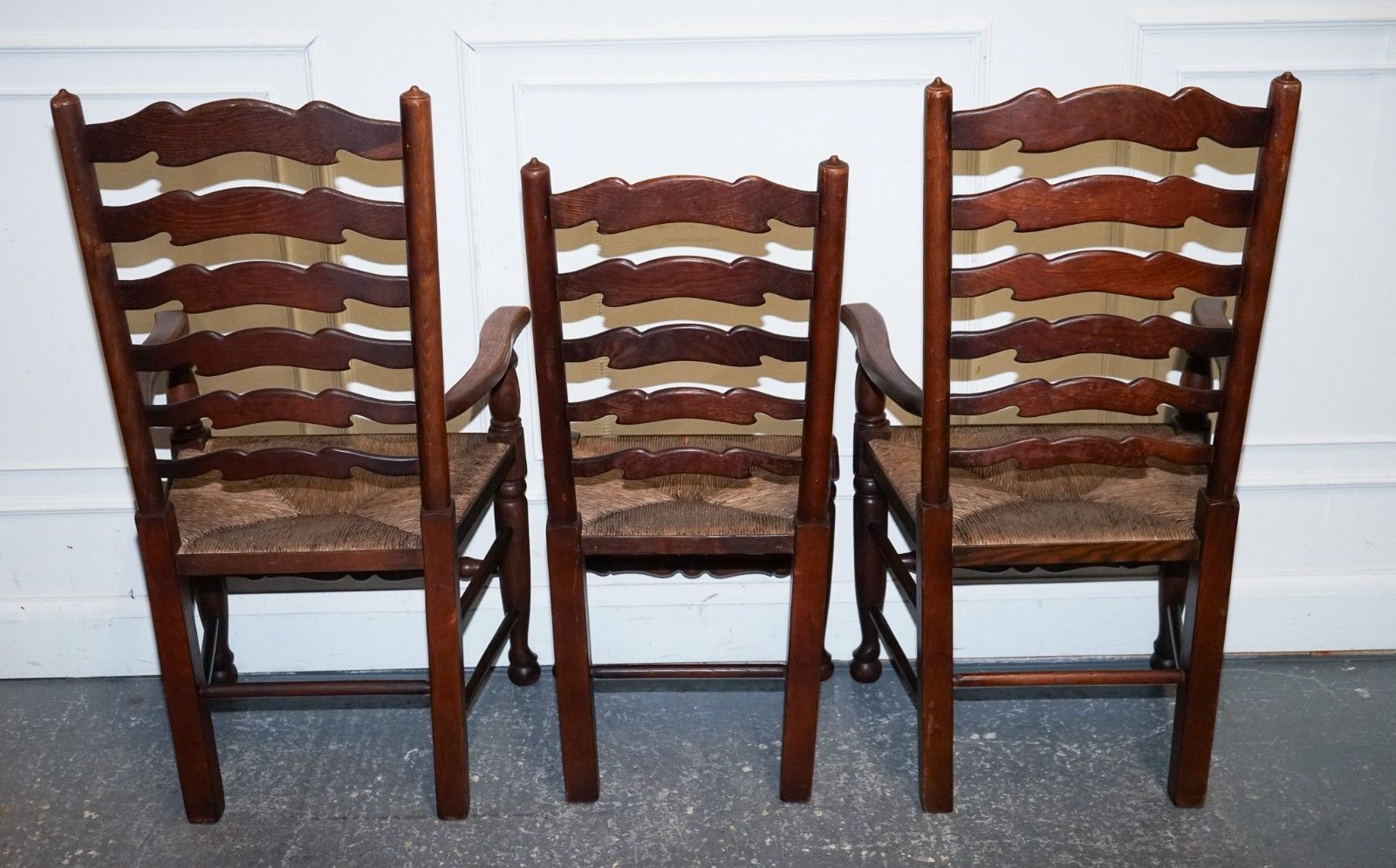 photo furniture Set Of Six English Antique Circa 1910 Ladderback Rush Seat Dining Chairs