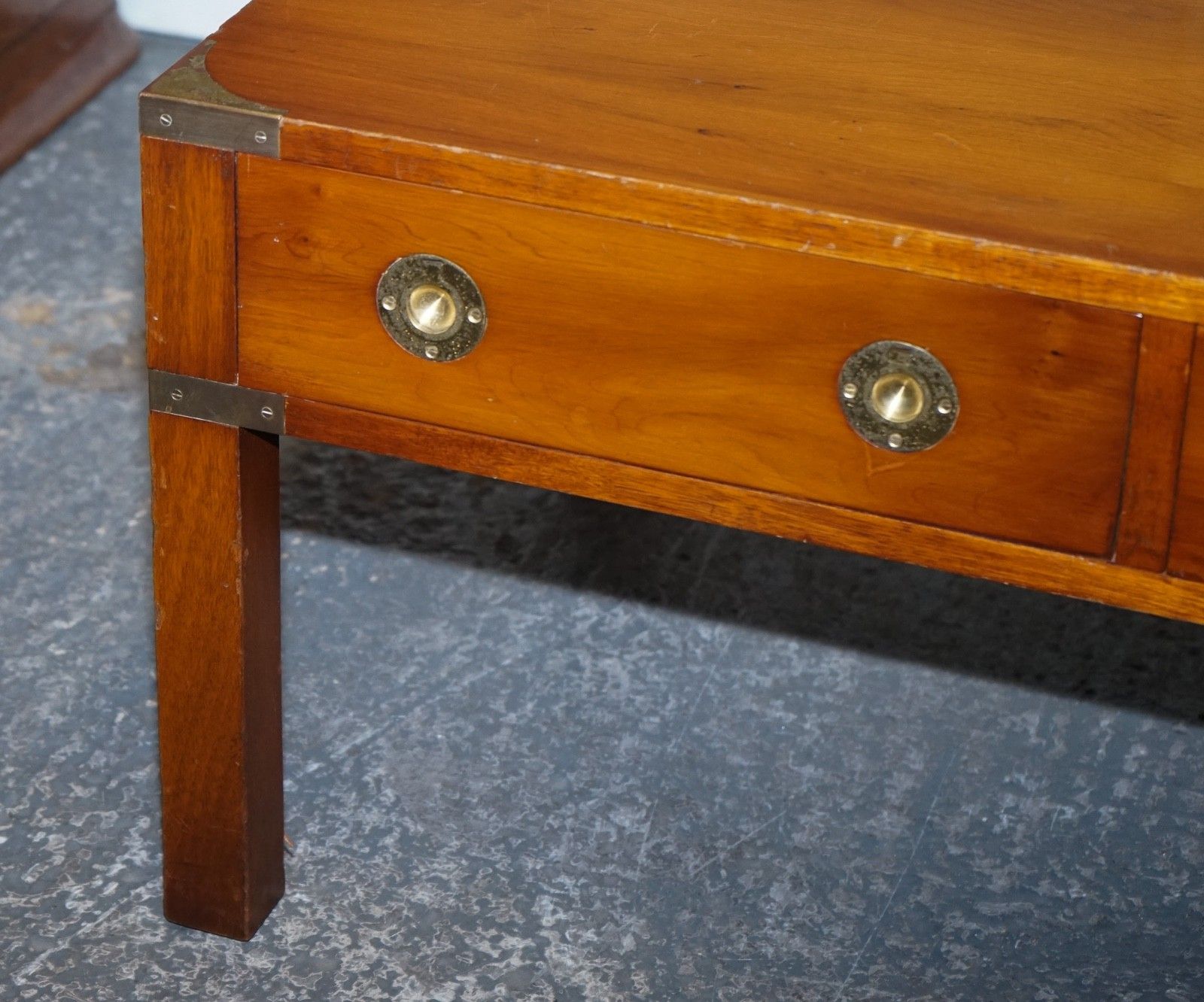 Vintage Burr Yew Wood Brass Military Campaign 3 Drawer Coffee Table photo vinterior