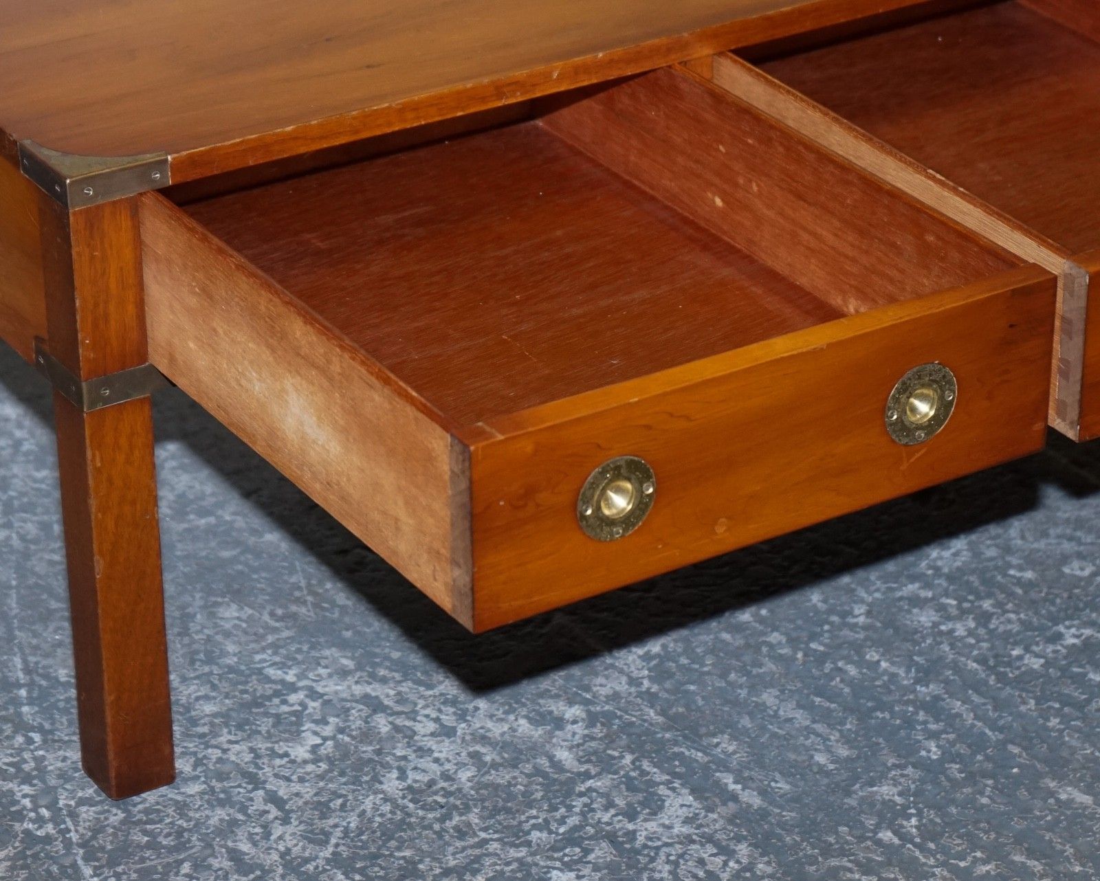 Vintage Burr Yew Wood Brass Military Campaign 3 Drawer Coffee Table photo vintage