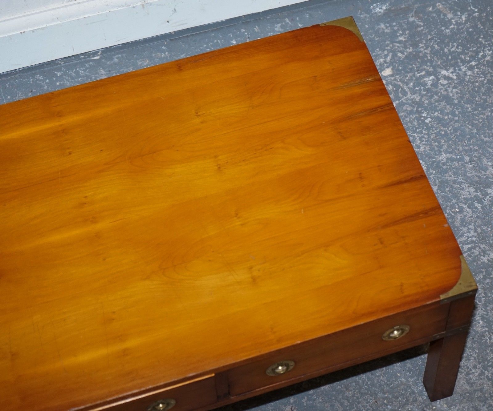 Furniture Vintage Burr Yew Wood Brass Military Campaign 3 Drawer Coffee Table photo