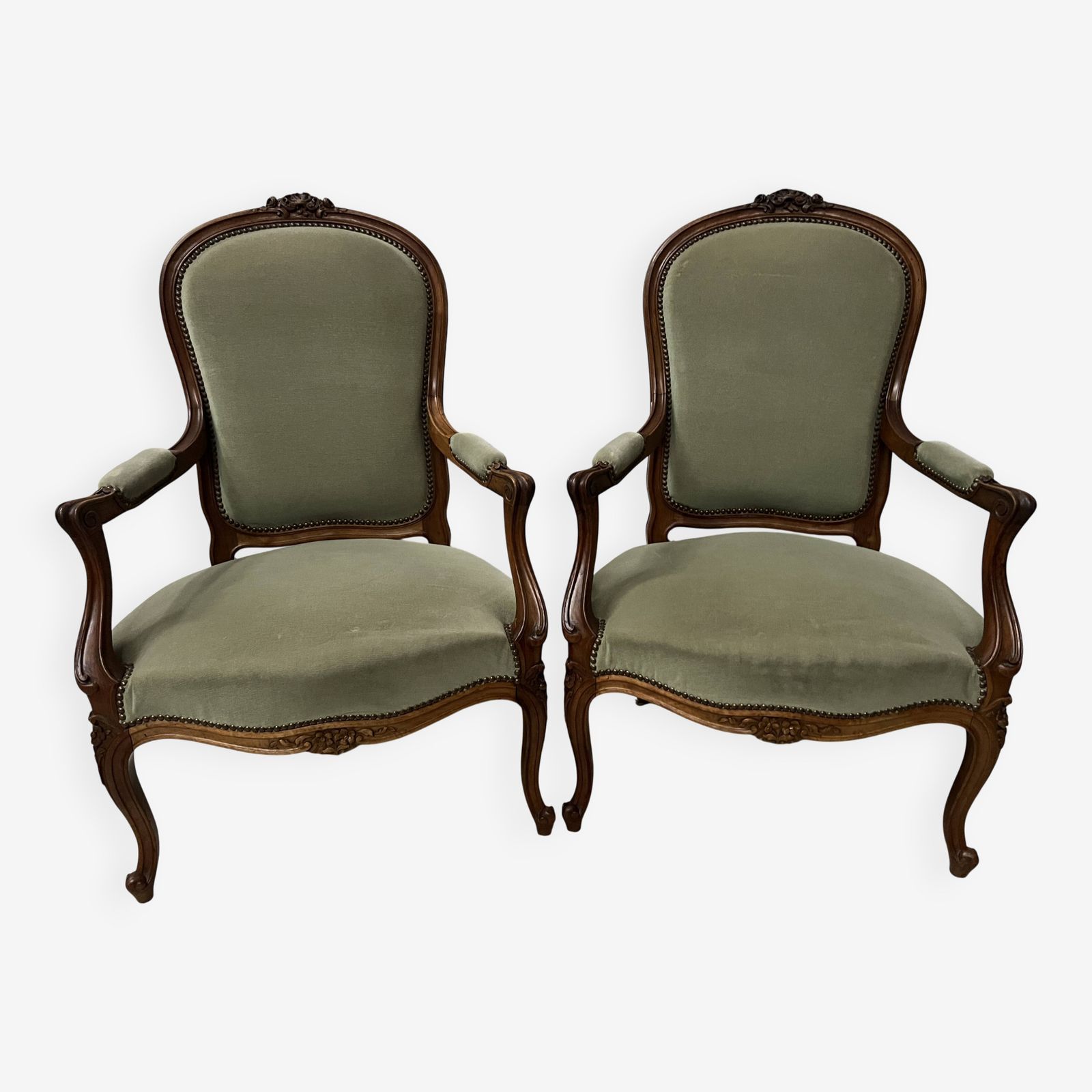 Pair Of Louis XV Style Armchairs In Solid Walnut, 20th Century.