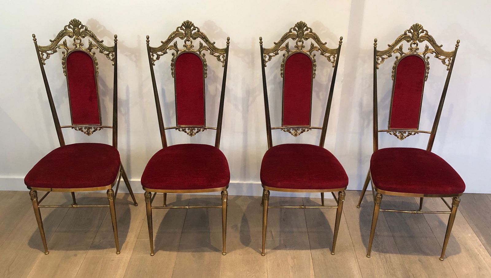 Set Of 4 Brass And Red Velvet Chairs
