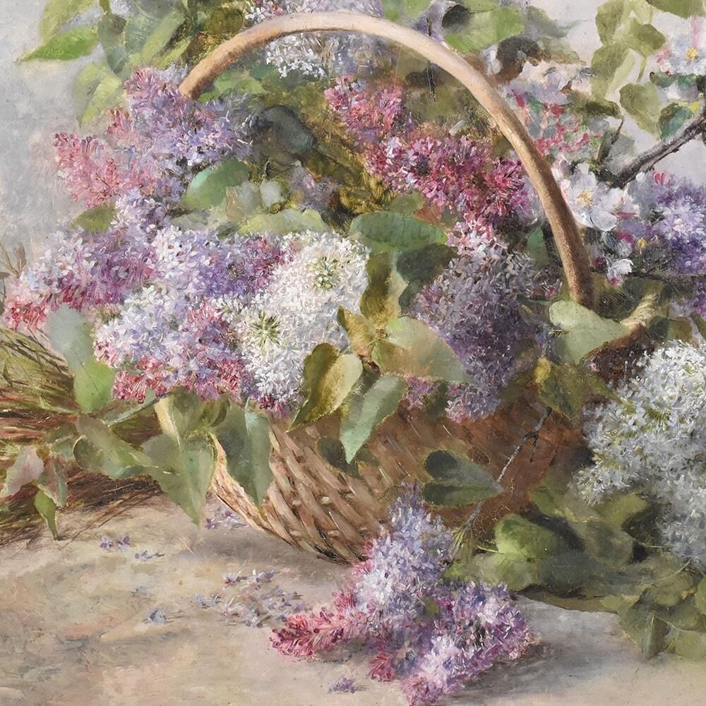 Antique Flower Painting, Lilac Flowers, Oil On Canvas, 20th Century photo Art