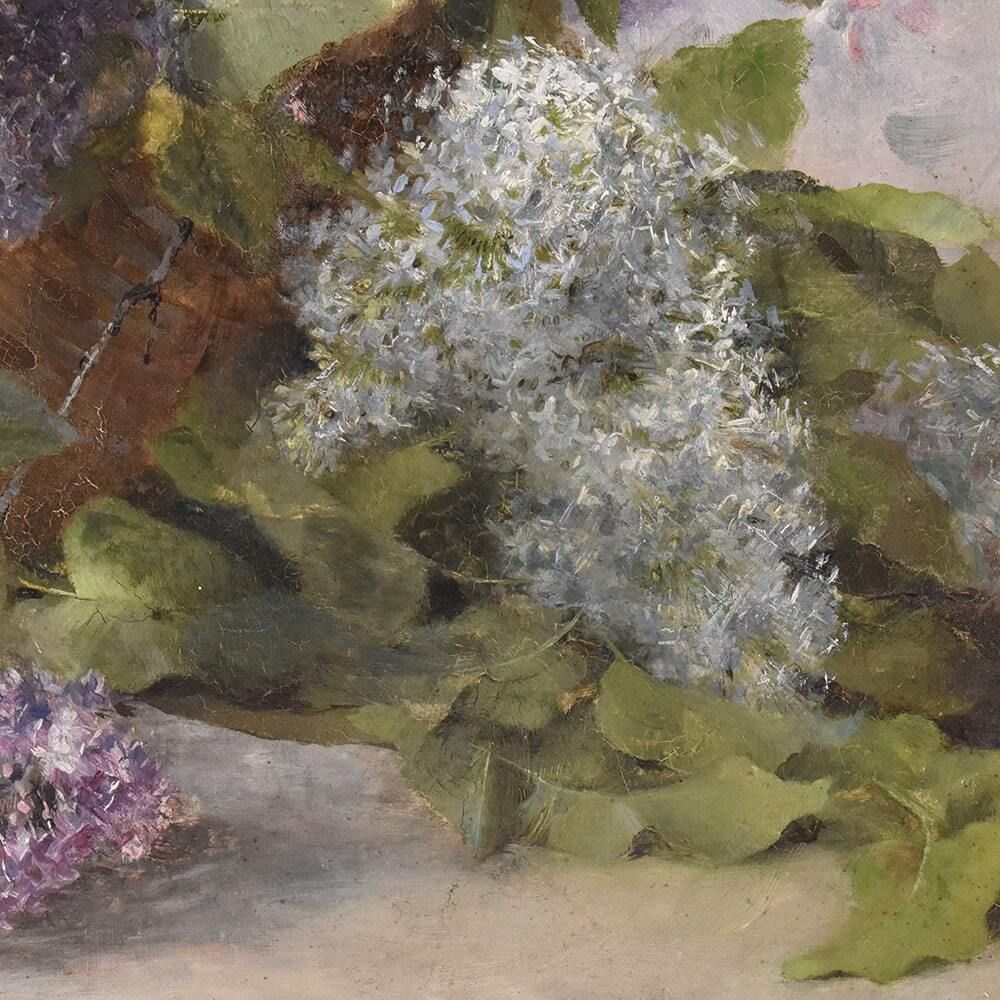 Antique Flower Painting, Lilac Flowers, Oil On Canvas, 20th Century photo vinterior