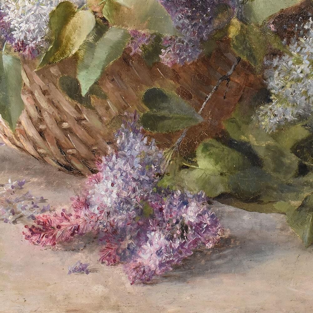 Antique Flower Painting, Lilac Flowers, Oil On Canvas, 20th Century photo vintage