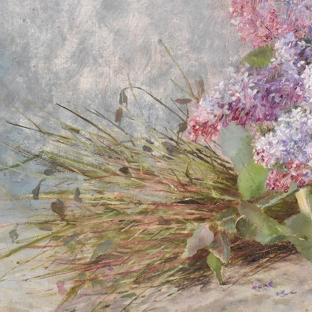 photo furniture Antique Flower Painting, Lilac Flowers, Oil On Canvas, 20th Century