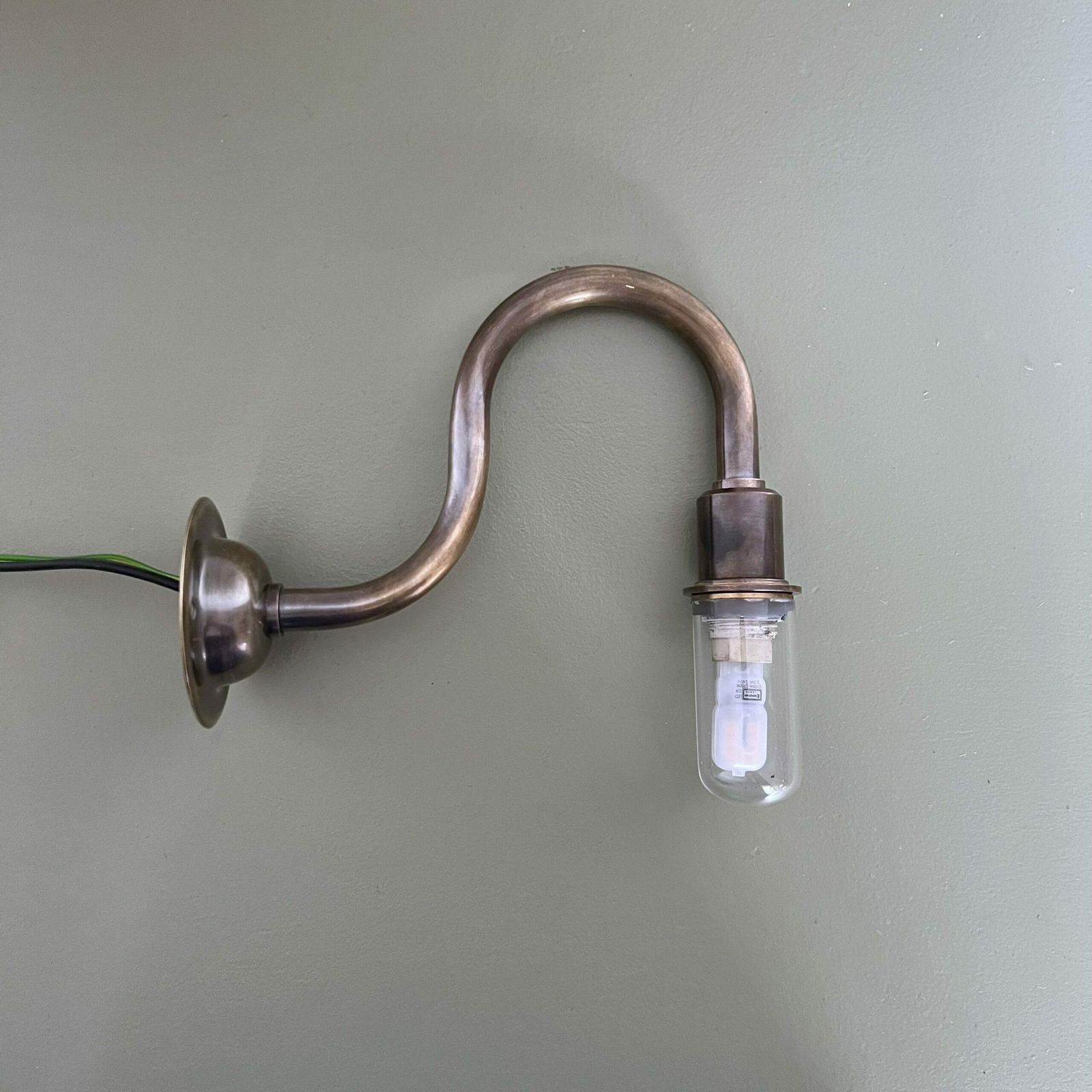 Contemporary Antique Brass Ip44 Rated Wall Light Swan Neck Arms