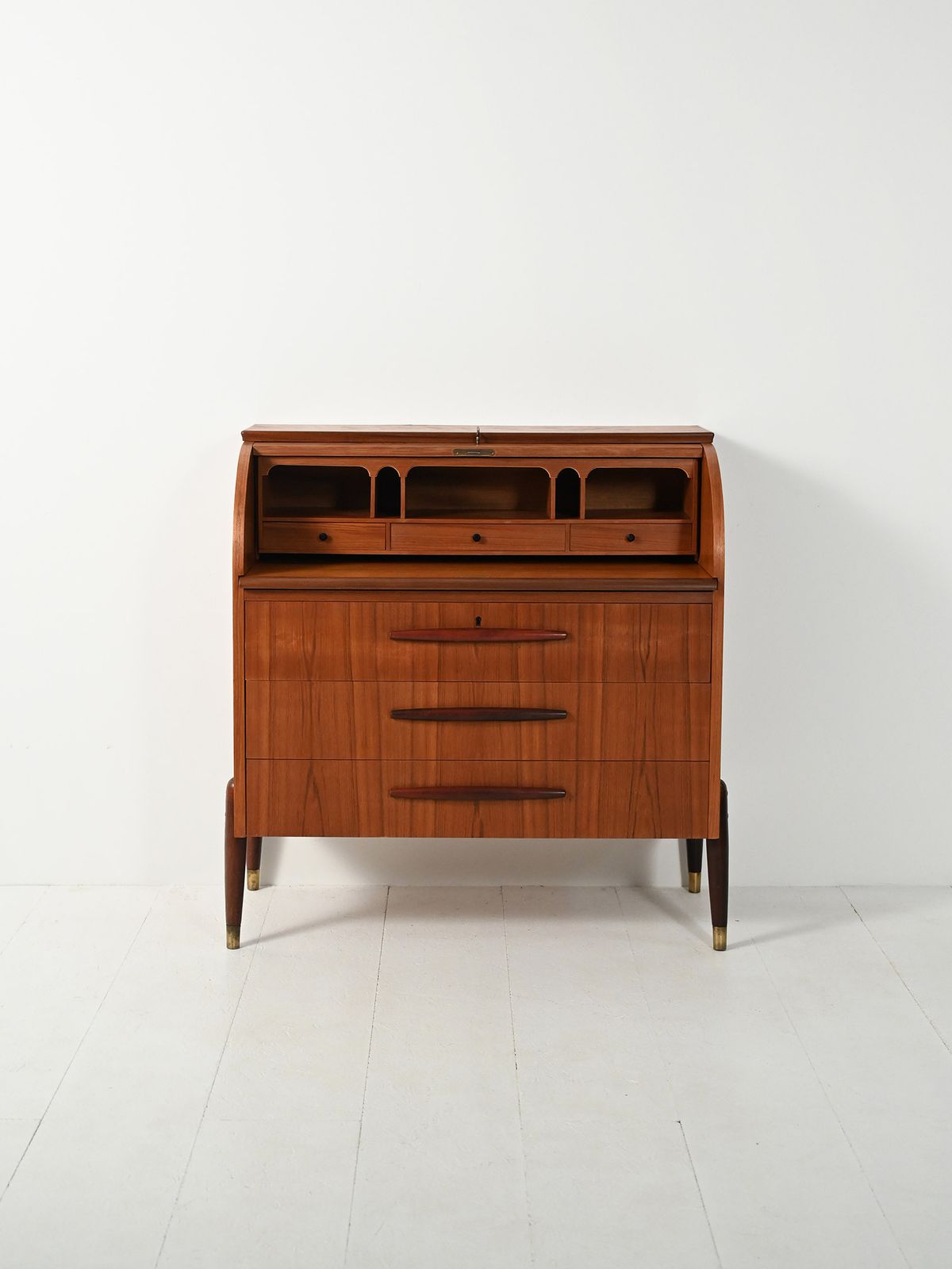 1950s Teak Secretaire With Elongated Carved Handles photo for sale