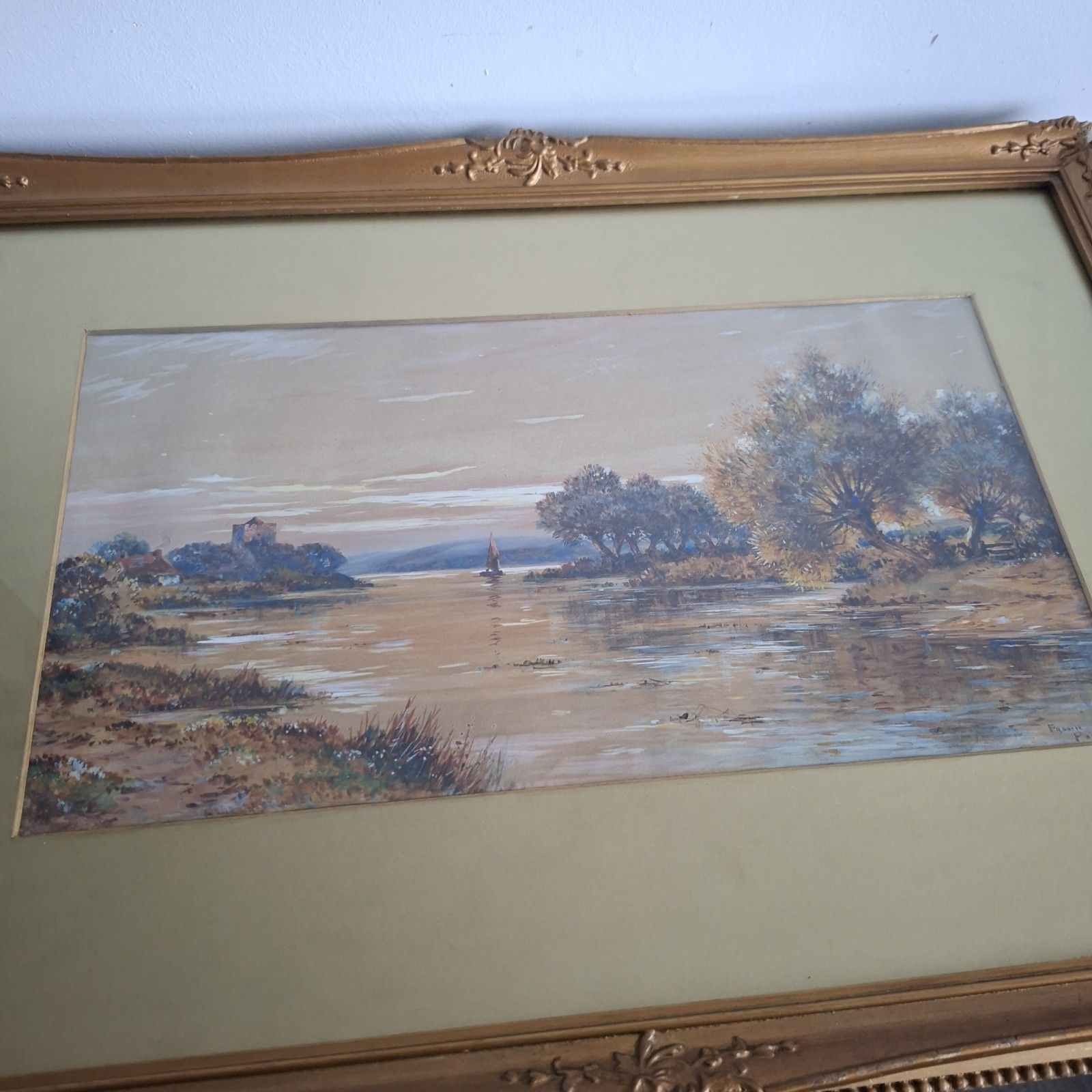 Original Watercolor Painting Frank Parsons Riverside Scene Antique British Art photo furniture