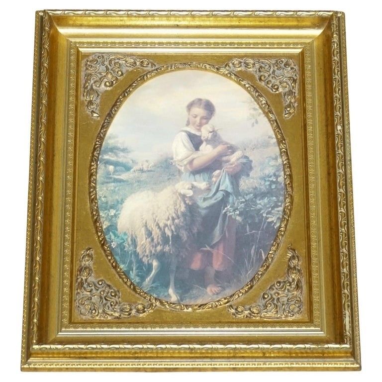 Vintage Victorian Style Print Young Shepherdess Gitled Frame 53 X 42 Cm