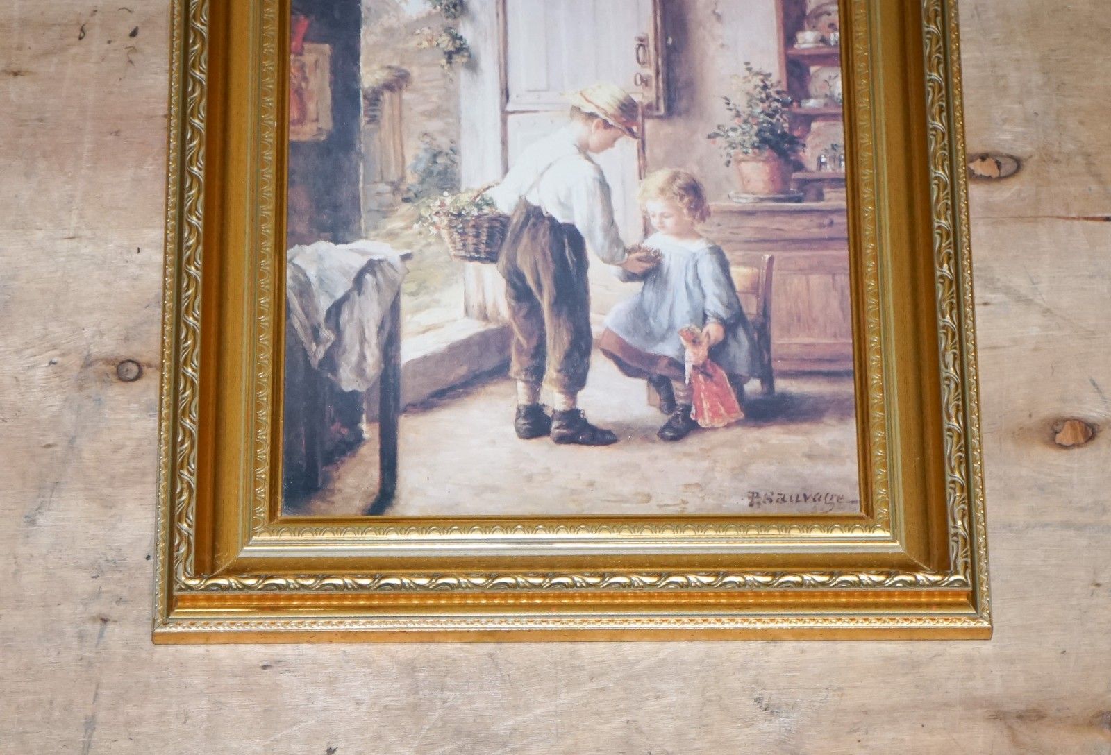Vintage Victorian Style Print Cozy Kitchen Scene Gitled Frame 52 X 42 Cm photo Art
