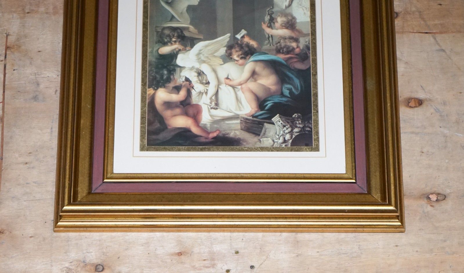 Vintage Renaissance Style Print Cherubs Sculpting An Angel Gold Frame 58 X 53 Cm photo Art