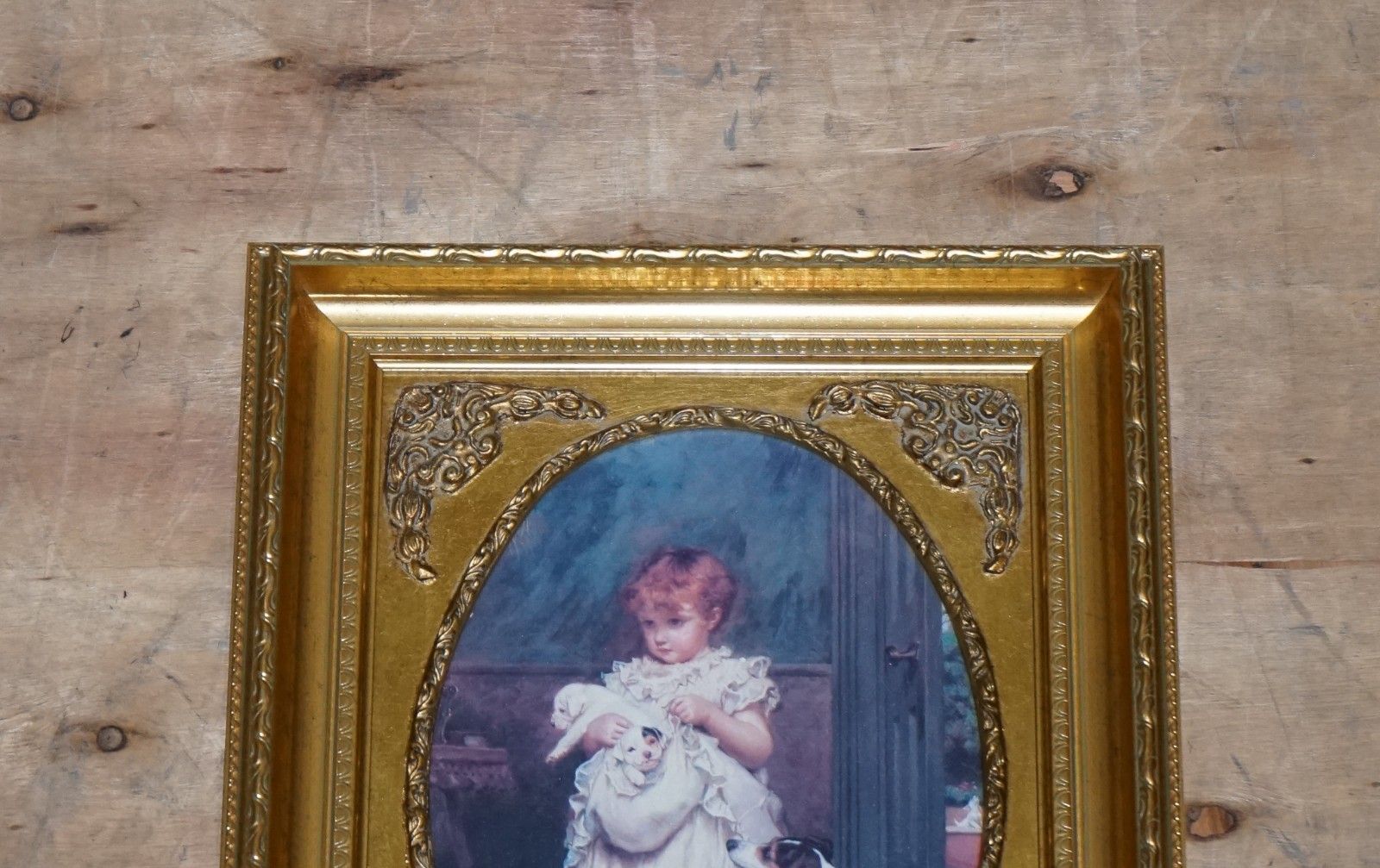 Vintage Victorian Style Print Girl With Dog And Puppies Gitled Frame 52 X 42 Cm photo for sale