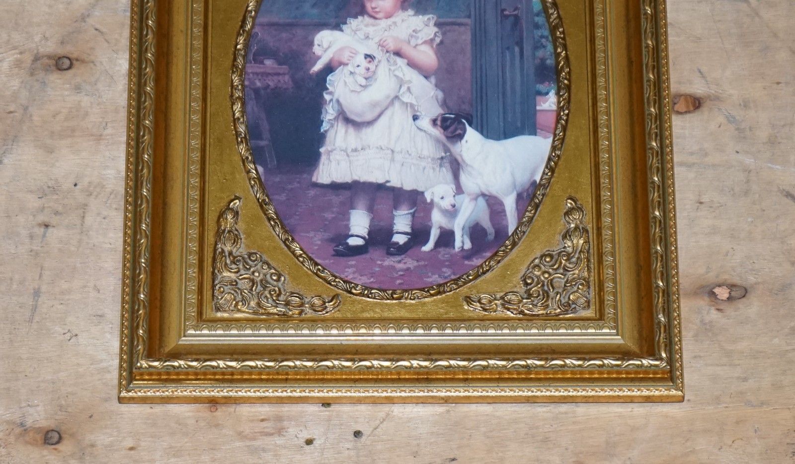 Vintage Victorian Style Print Girl With Dog And Puppies Gitled Frame 52 X 42 Cm photo Art