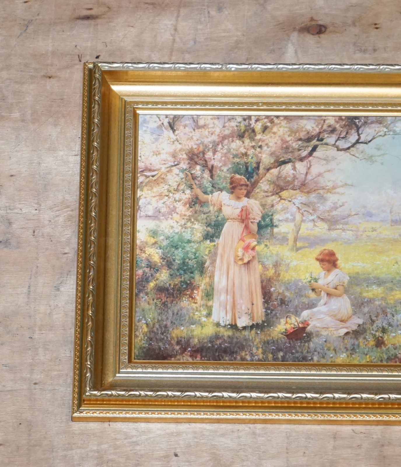 Painting Print Golden Framepicking Flowersby Alfred Glendening Jr. 42x52 Cm photo for sale