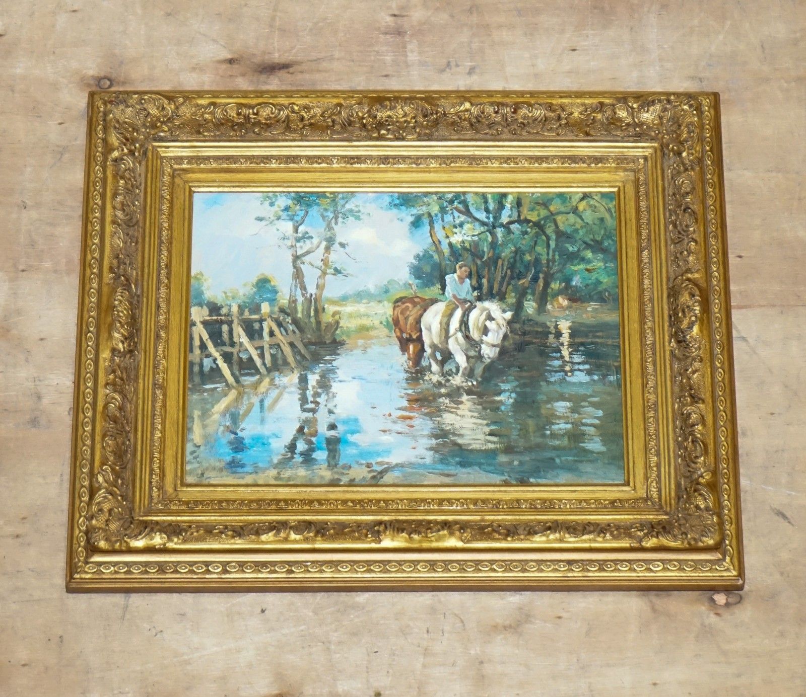 Antique Oil Painting Horse Rider Crossing A Stream Gilted Frame 49 X 60 Cm photo furniture