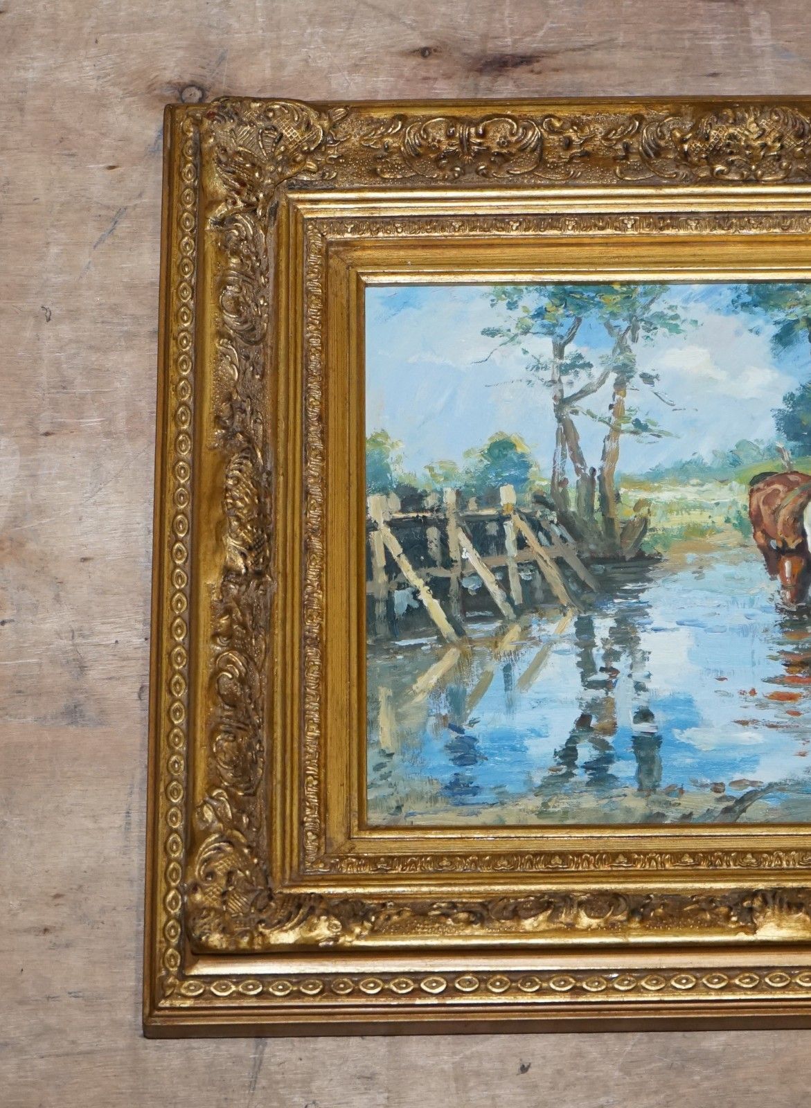 Antique Oil Painting Horse Rider Crossing A Stream Gilted Frame 49 X 60 Cm photo for sale