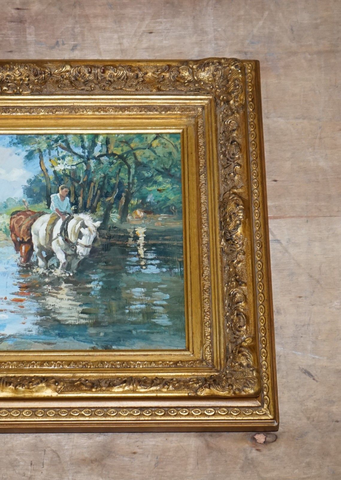 Antique Oil Painting Horse Rider Crossing A Stream Gilted Frame 49 X 60 Cm photo Art
