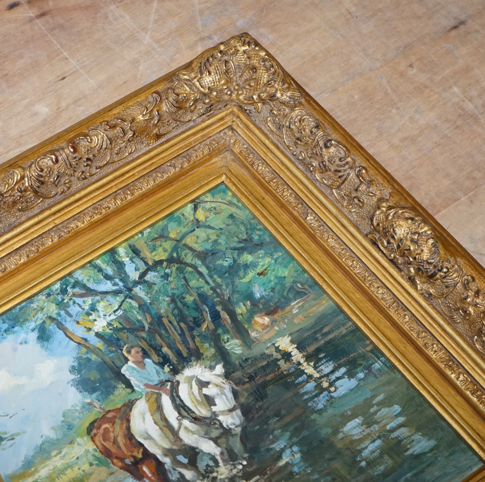Antique Oil Painting Horse Rider Crossing A Stream Gilted Frame 49 X 60 Cm photo vinterior