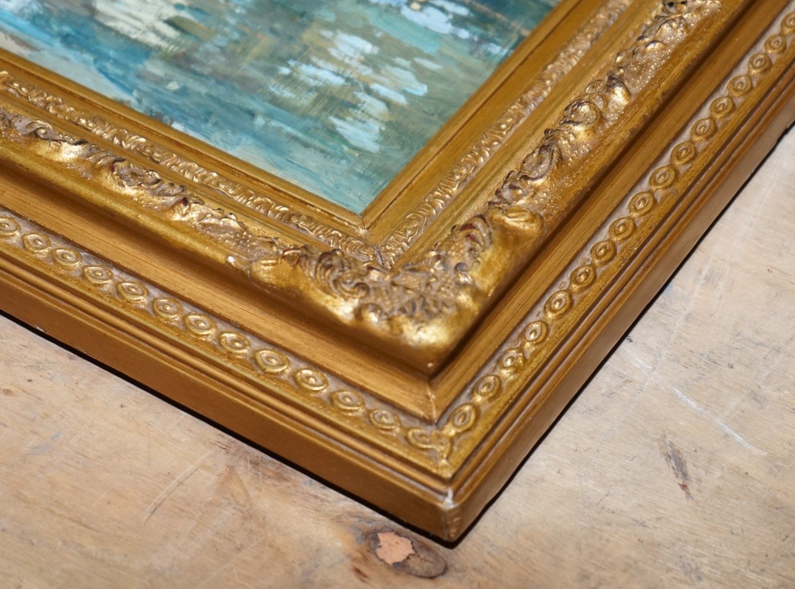 photo furniture Antique Oil Painting Horse Rider Crossing A Stream Gilted Frame 49 X 60 Cm