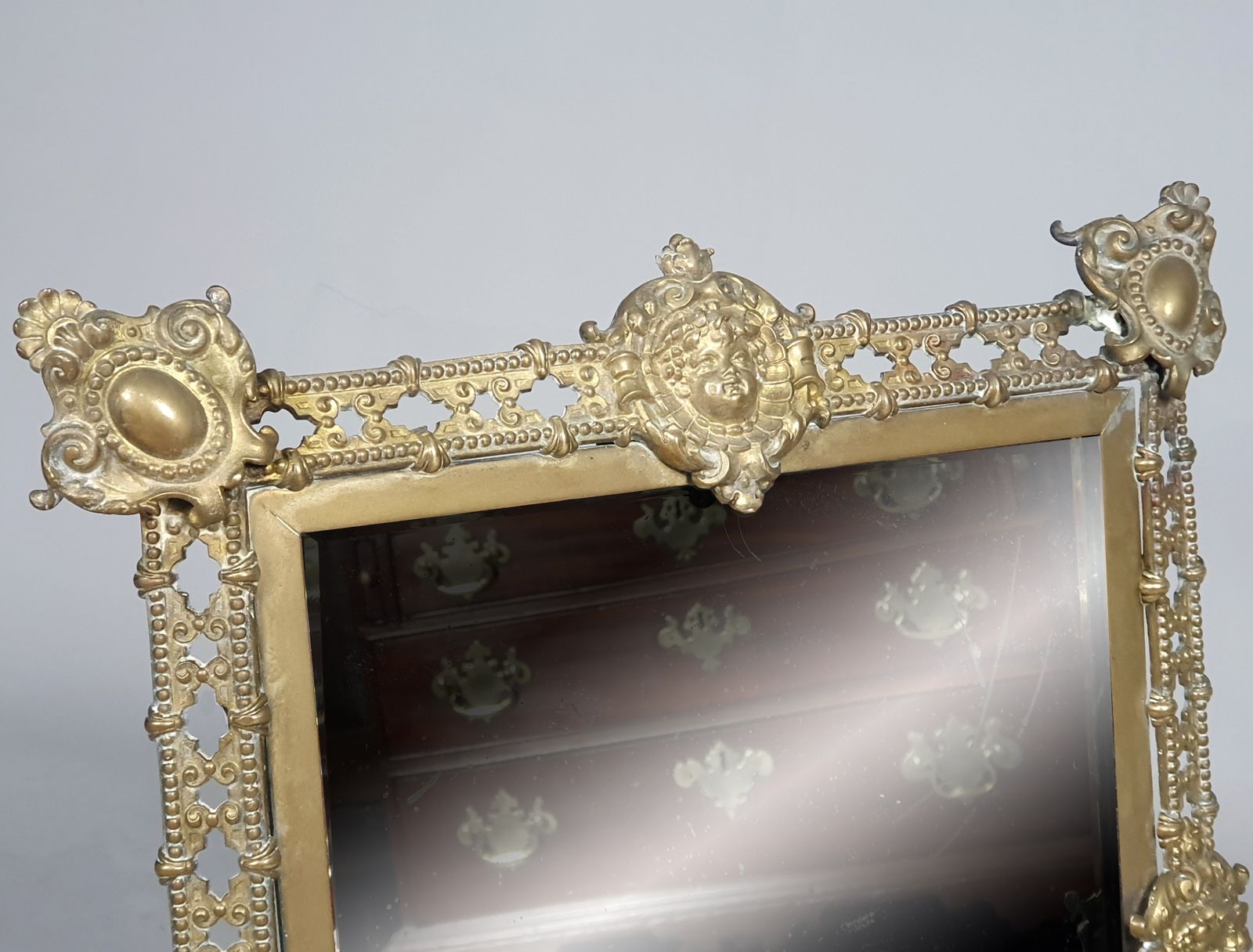 Victorian Brass Wall Hanging Mirror With Original Glass And Cherubs C. 1870 photo furniture