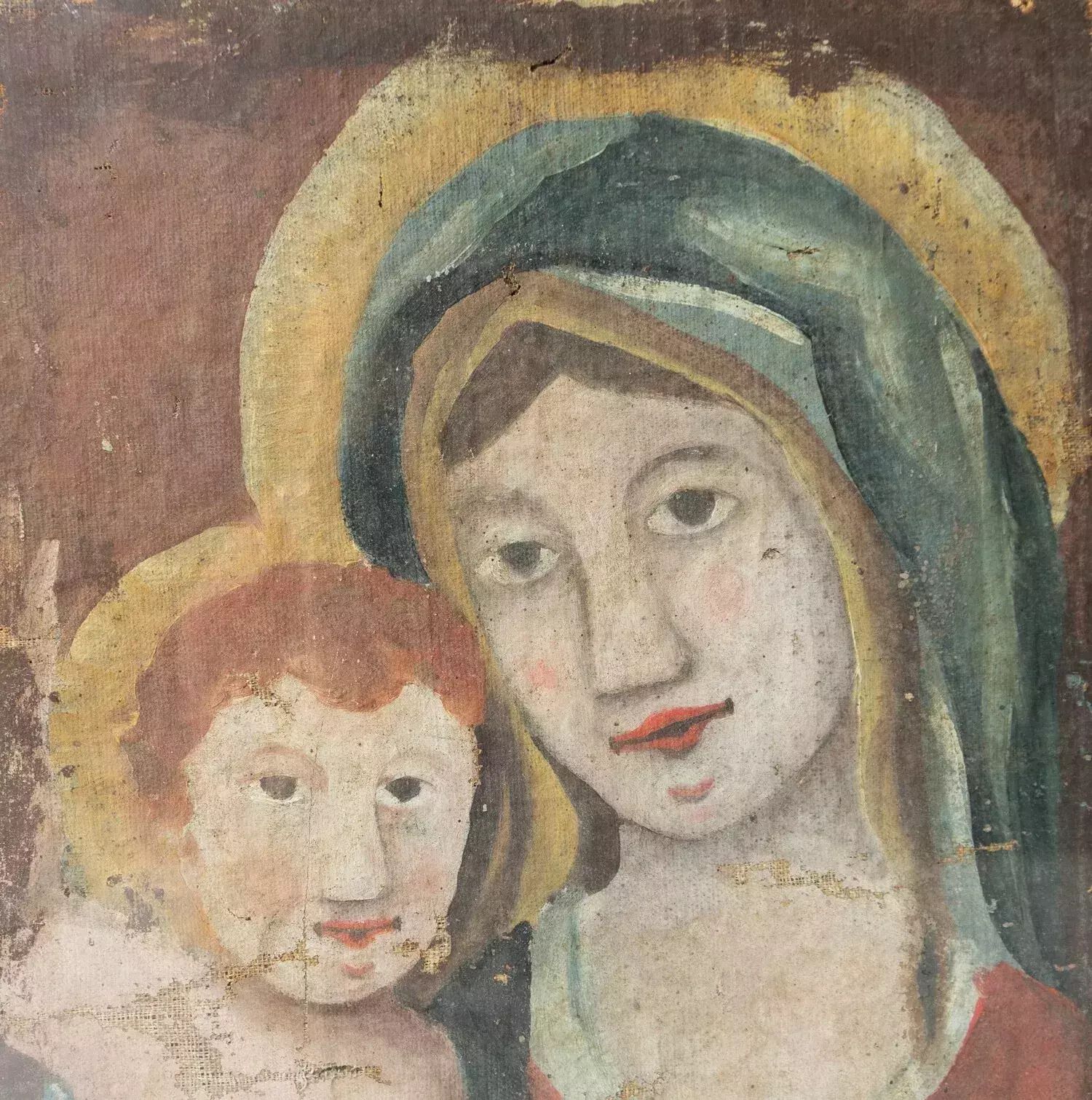 Early Naive School Madonna And Child, Original Antique Oil Painting, 18th C. photo Art