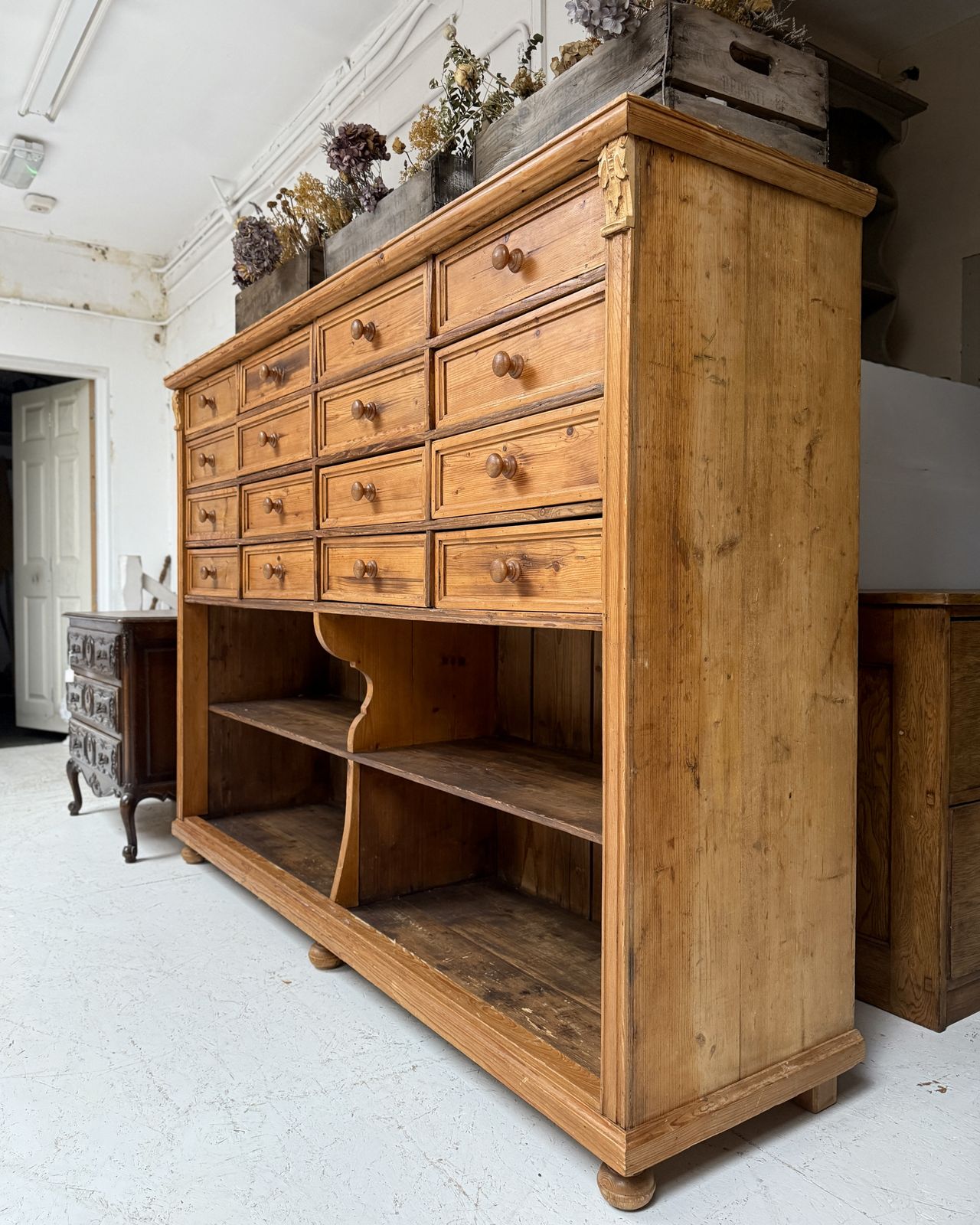 2500.0 Large Antique Dutch Pine Haberdashery Bank Of Drawers Shelves photo