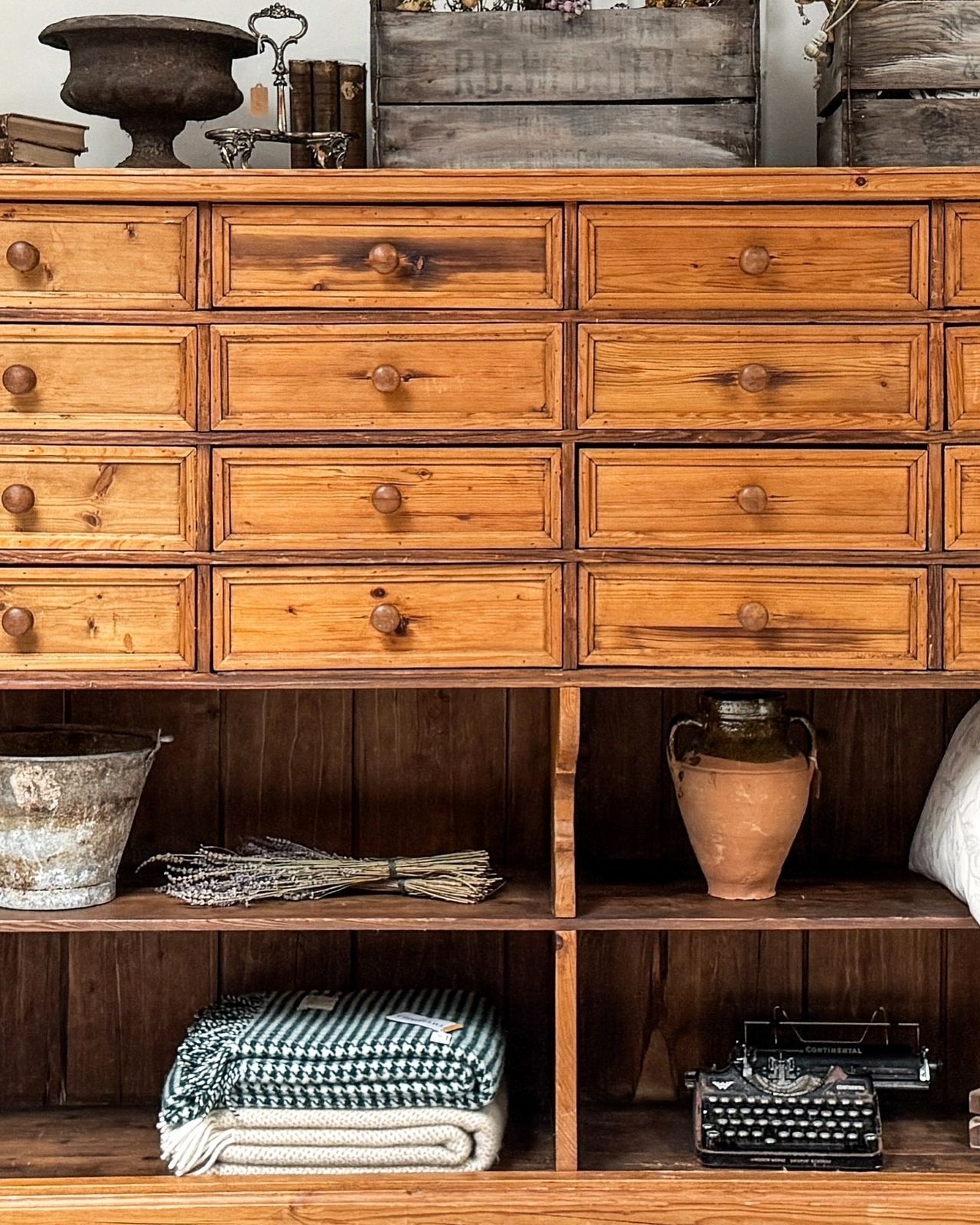 photo furniture Large Antique Dutch Pine Haberdashery Bank Of Drawers Shelves
