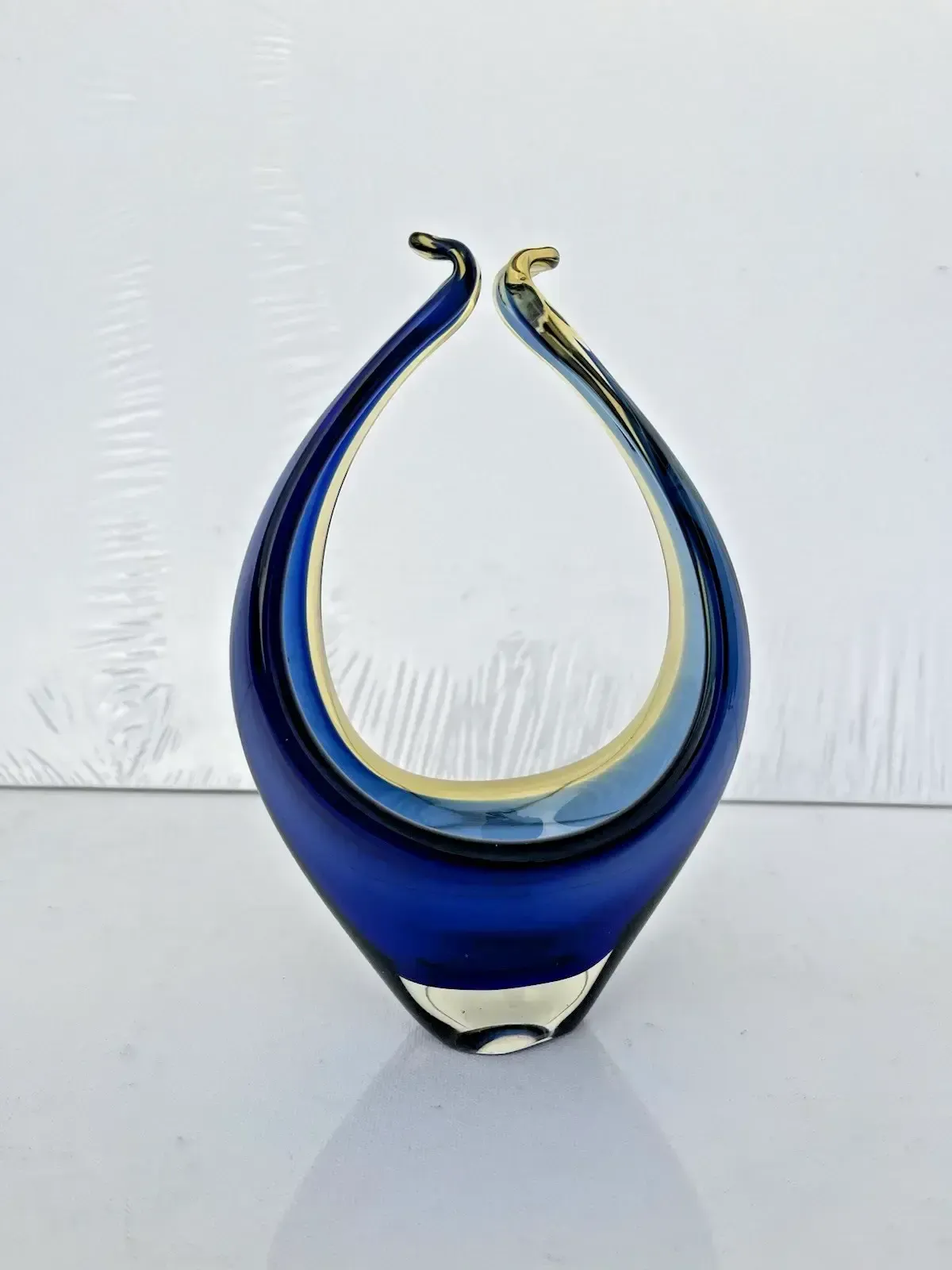 Vintage 60's Murano Sommerso Blue Amber Clear Sculpture Basket Bowl Ccc Retro