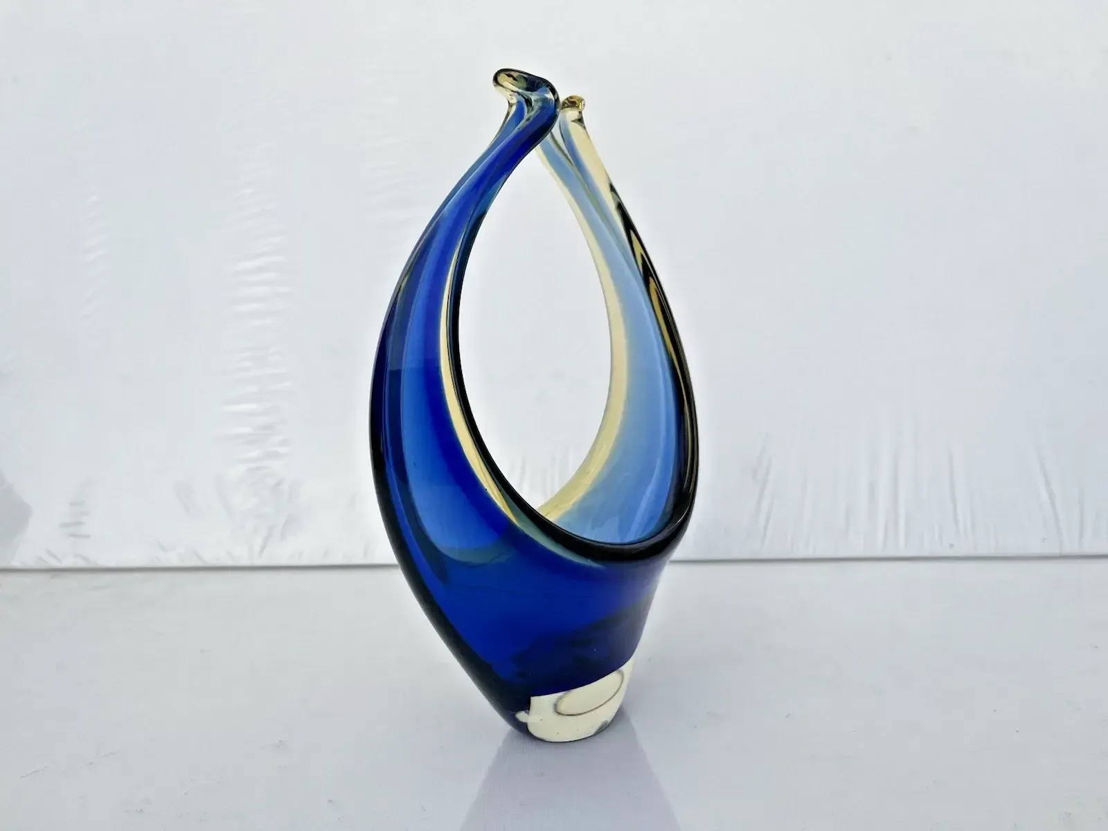 Vintage 60's Murano Sommerso Blue Amber Clear Sculpture Basket Bowl Ccc Retro photo furniture