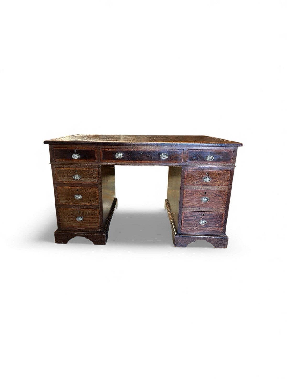 Edwardian Inlaid Mahogany Pedestal Desk With Brown Top. photo for sale