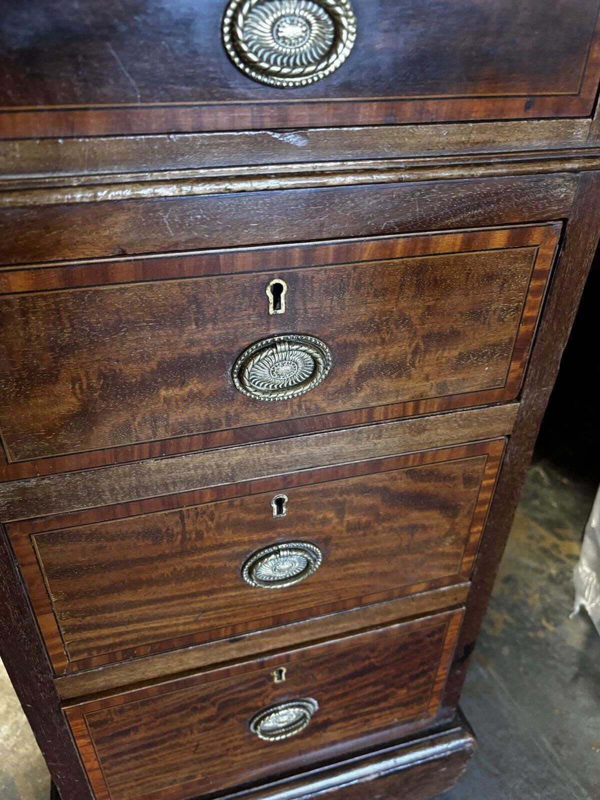 Edwardian Inlaid Mahogany Pedestal Desk With Brown Top. photo 812.0