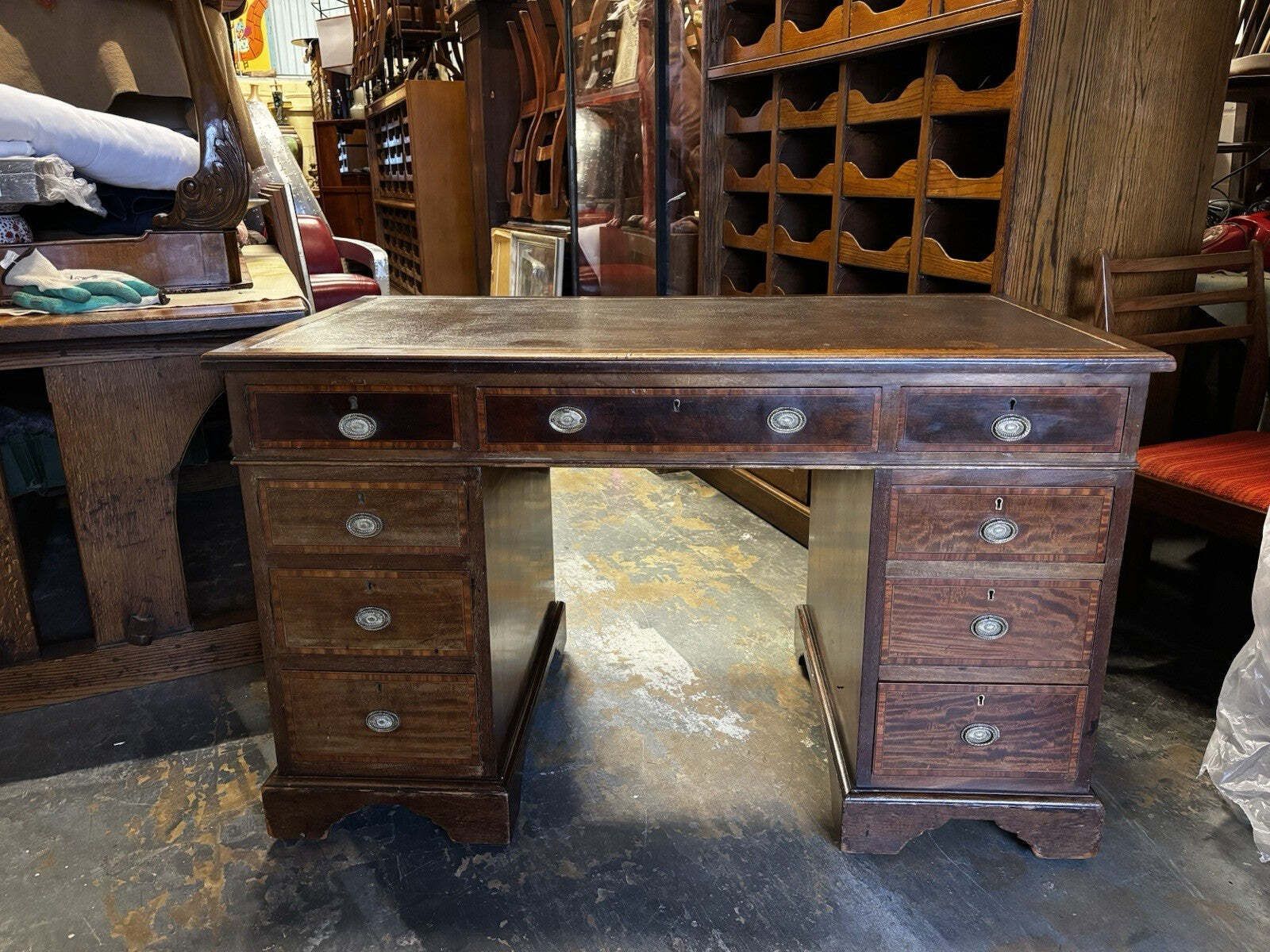 photo furniture Edwardian Inlaid Mahogany Pedestal Desk With Brown Top.