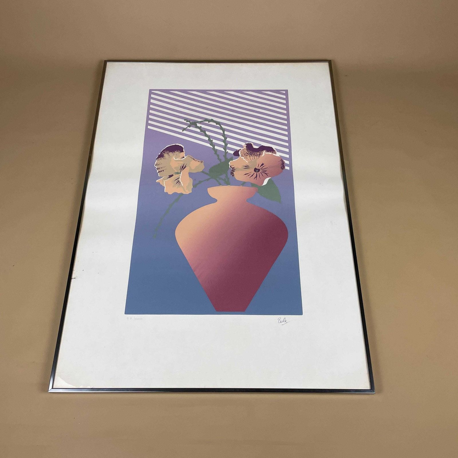 Modern Limited Edition Art Screen Print Signed Numbered 77/500 Floral Vase Contemporary Graphic Wall Art Purple Silver Metal Frame photo furniture