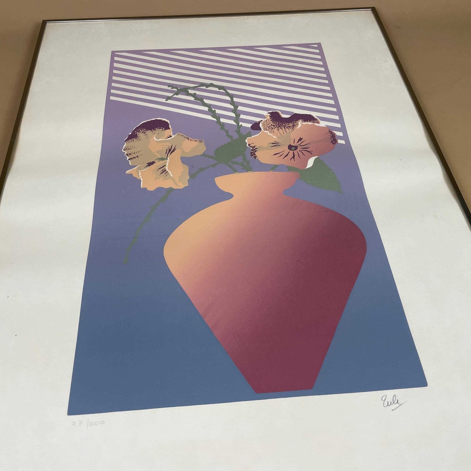 Modern Limited Edition Art Screen Print Signed Numbered 77/500 Floral Vase Contemporary Graphic Wall Art Purple Silver Metal Frame photo for sale