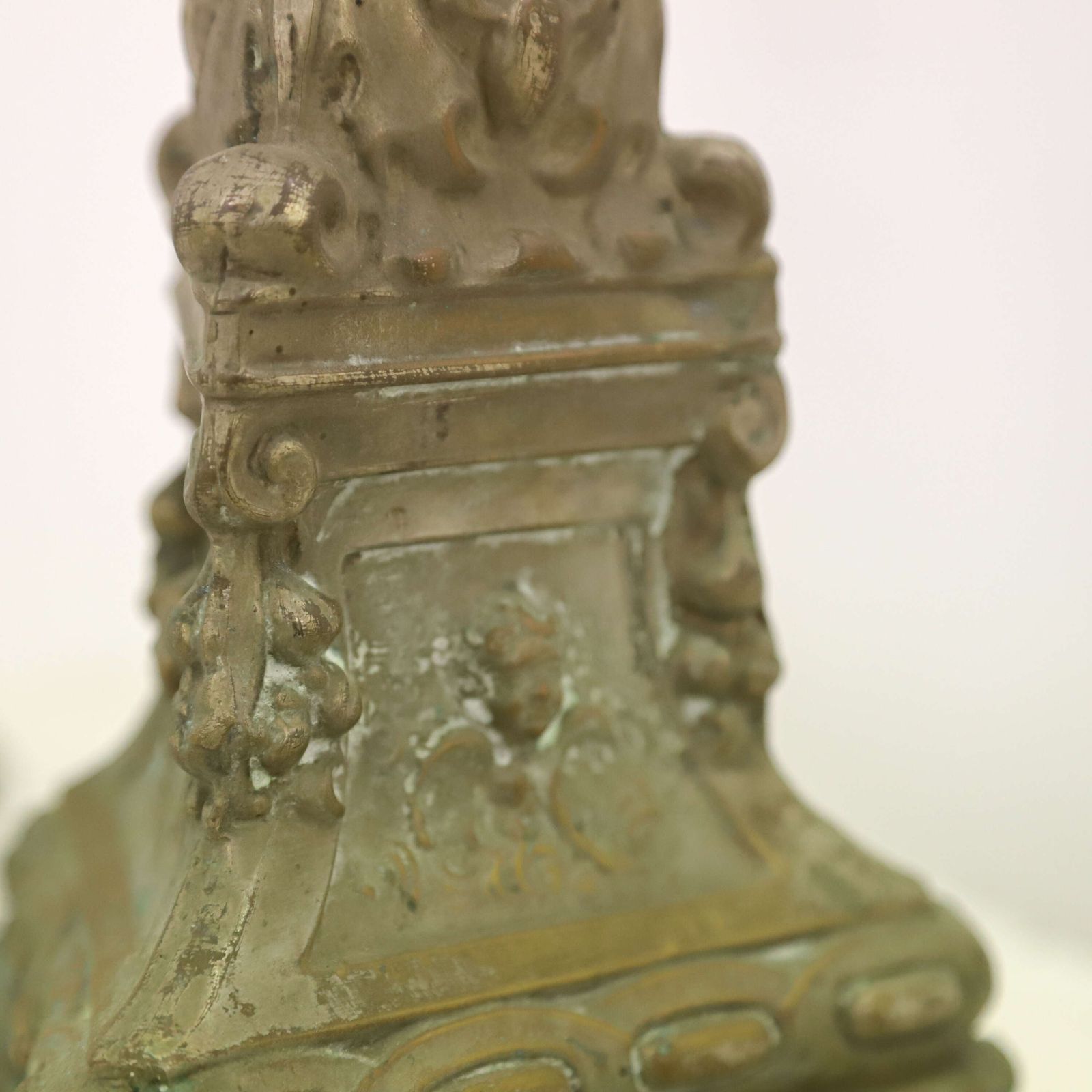 photo for sale Pair Of Antique French Pricket Candlesticks With Angels And Traces Of Silver Plate