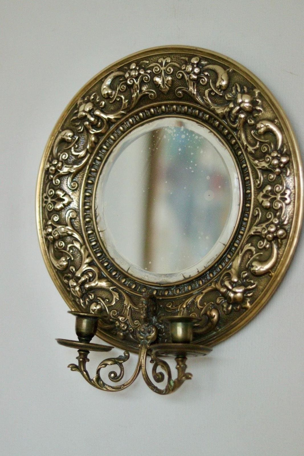 Pair Of Antique Swedish Brass Sconces With Mirror photo vinterior
