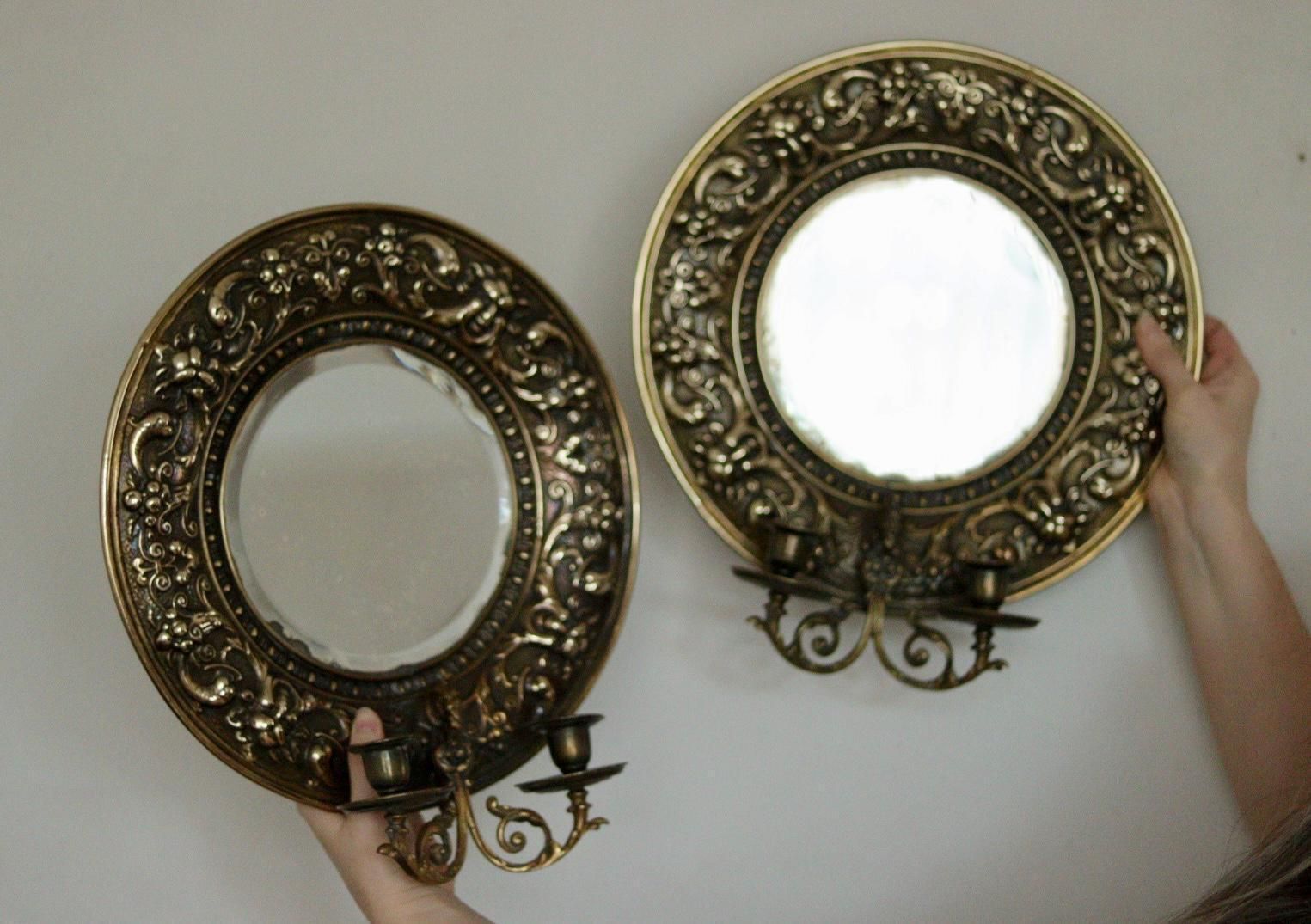 photo for sale Pair Of Antique Swedish Brass Sconces With Mirror